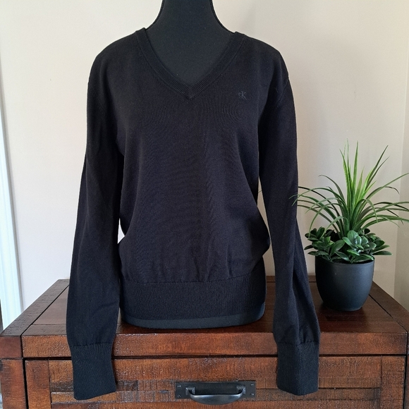 Calvin Klein Jeans V-Neck Sweater Women's Small Black Cotton Knit Top NWT - Picture 2 of 10